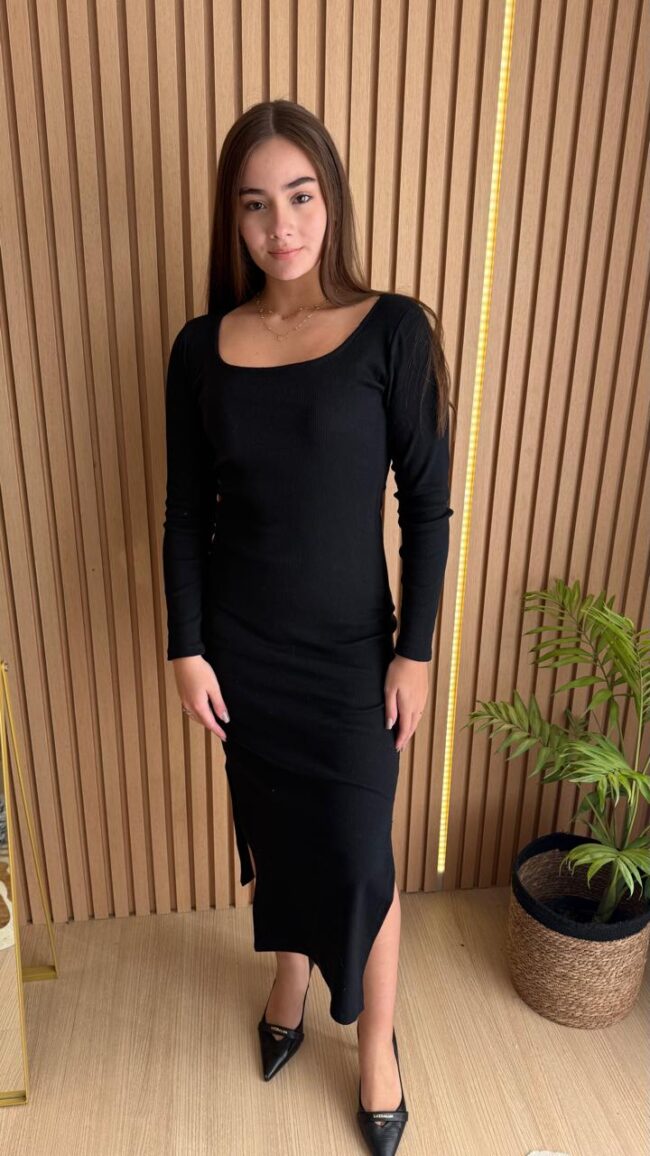 Vestido Canelado Feminino Preto - Image 4