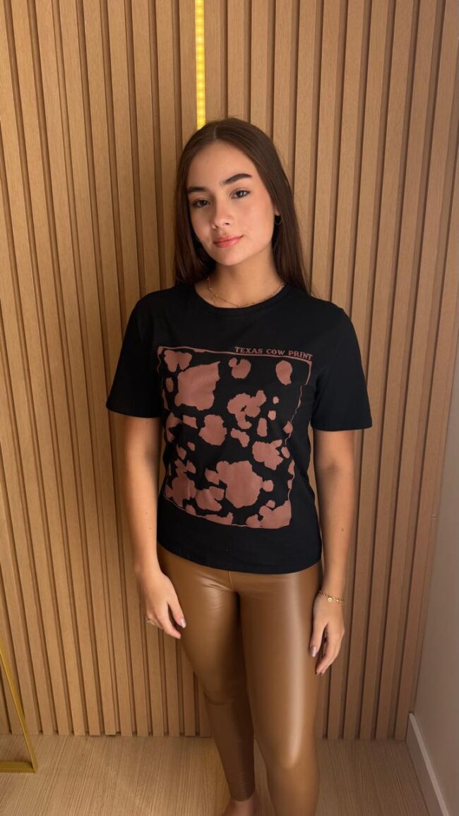 T-Shirt Estampada Preta Texas Cow Print