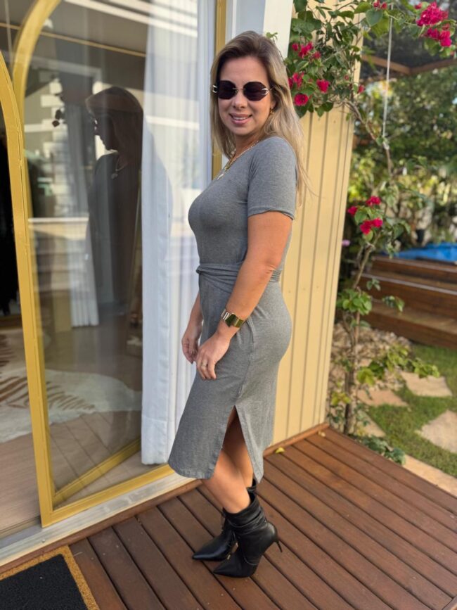Vestido Transpassado Cinza Feminino - Image 2