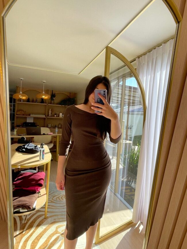Vestido Feminino malha canelada Marrom
