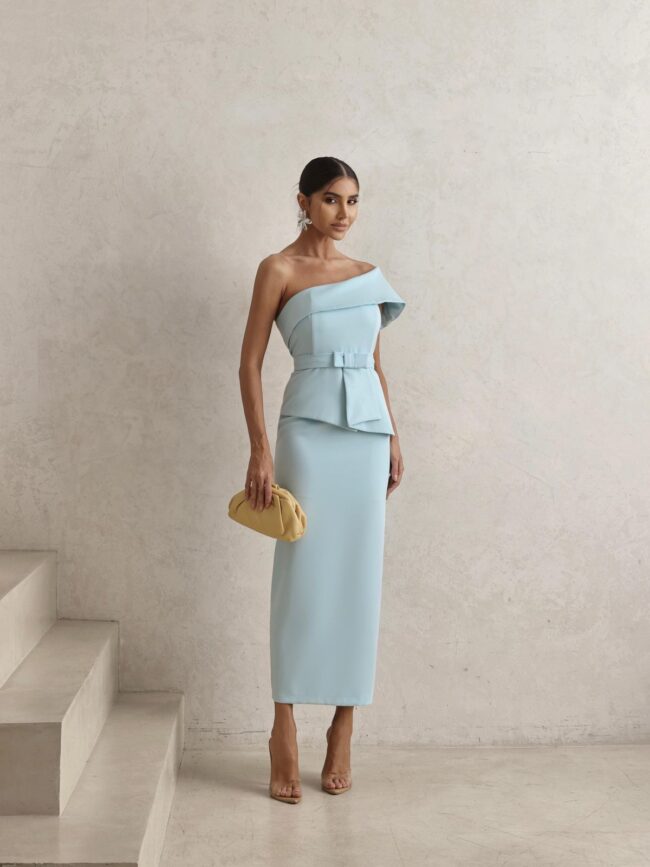 Vestido Ombro Só com cinto Azul Serenity 