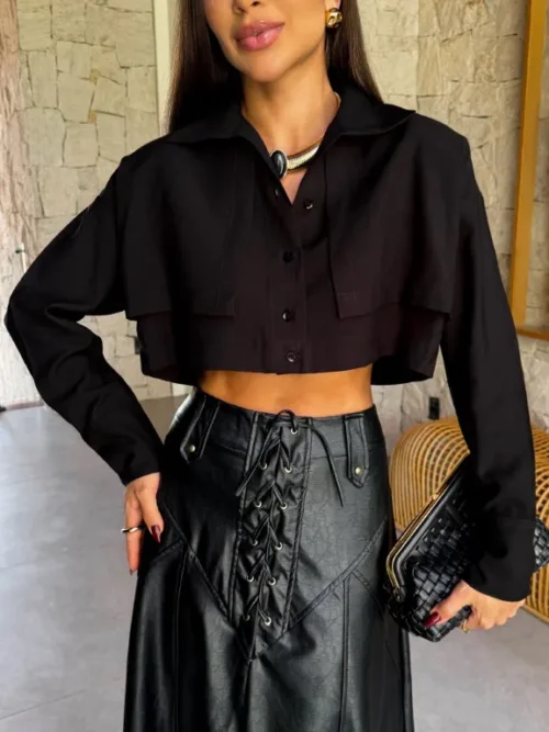 Camisa Cropped Gola Preta - Pimpnella