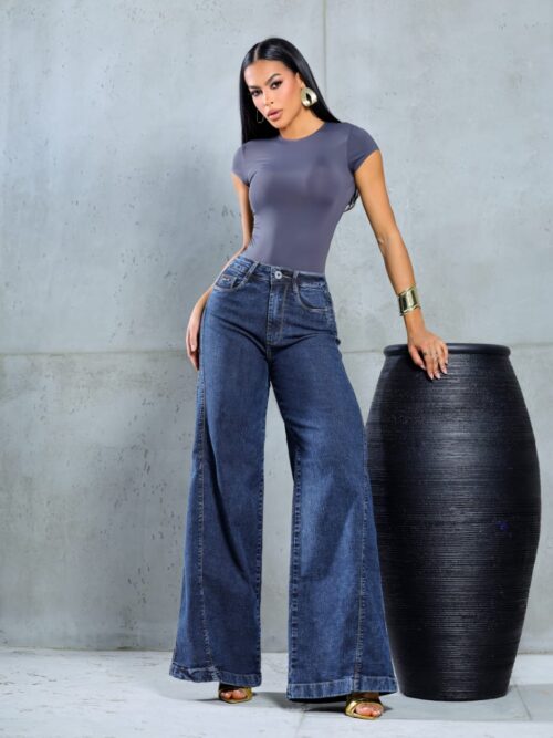 Calça Wide Assimétrica Stonada- Lady Lú Denim